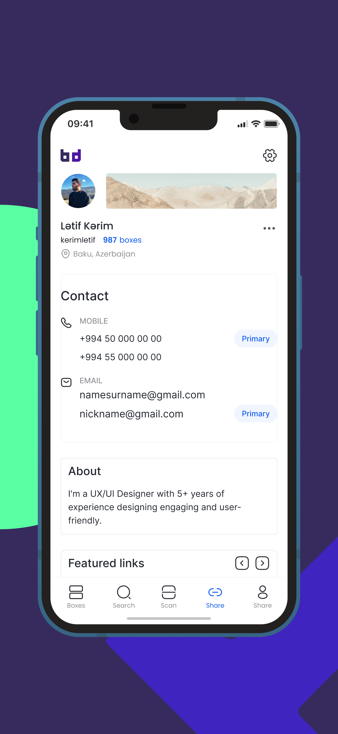 BuCard profile screen with contact details and about text