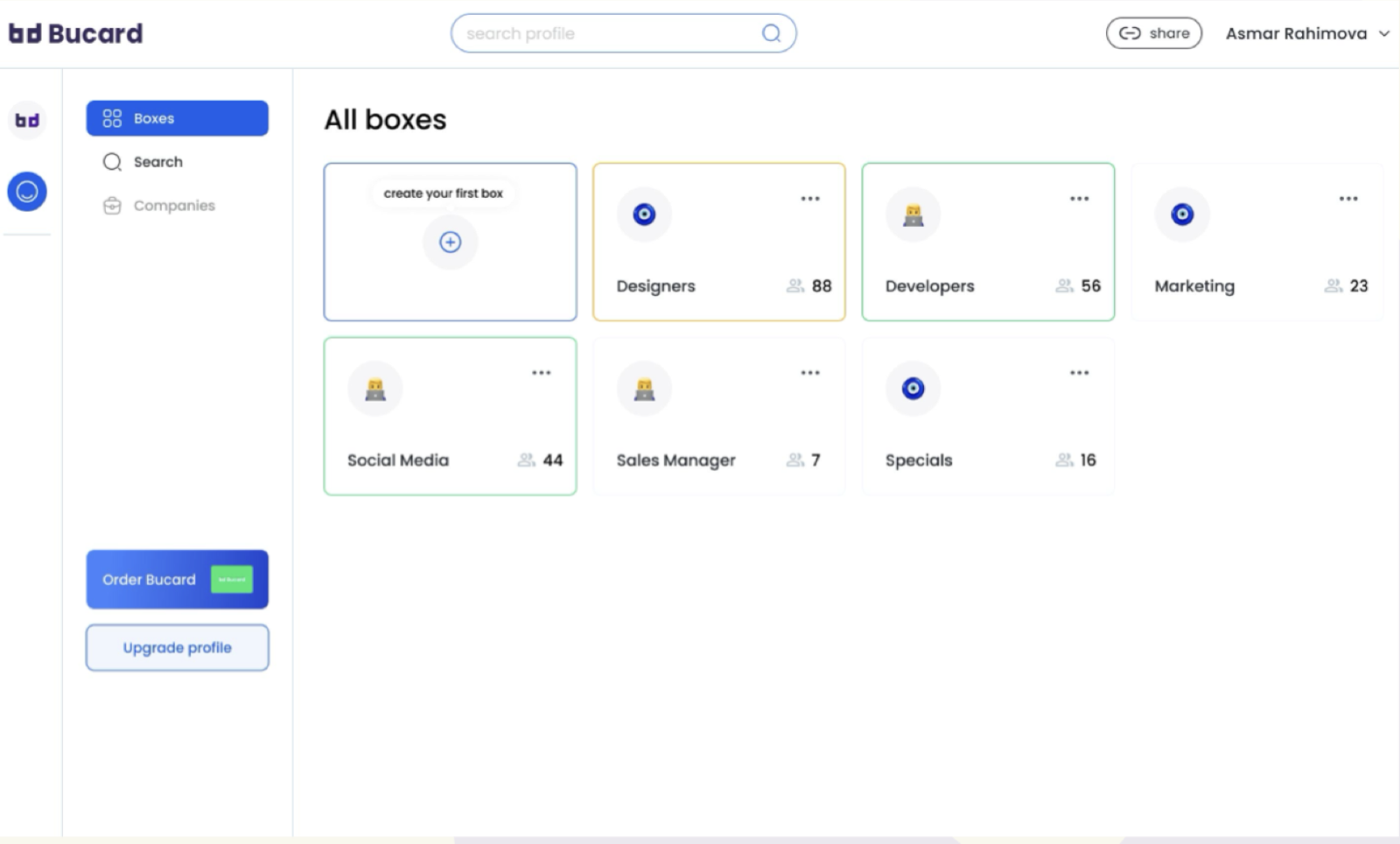 BuCard web dashboard showing All boxes with Designers, Developers, Marketing, Social Media, Sales Manager and Specials boxes
