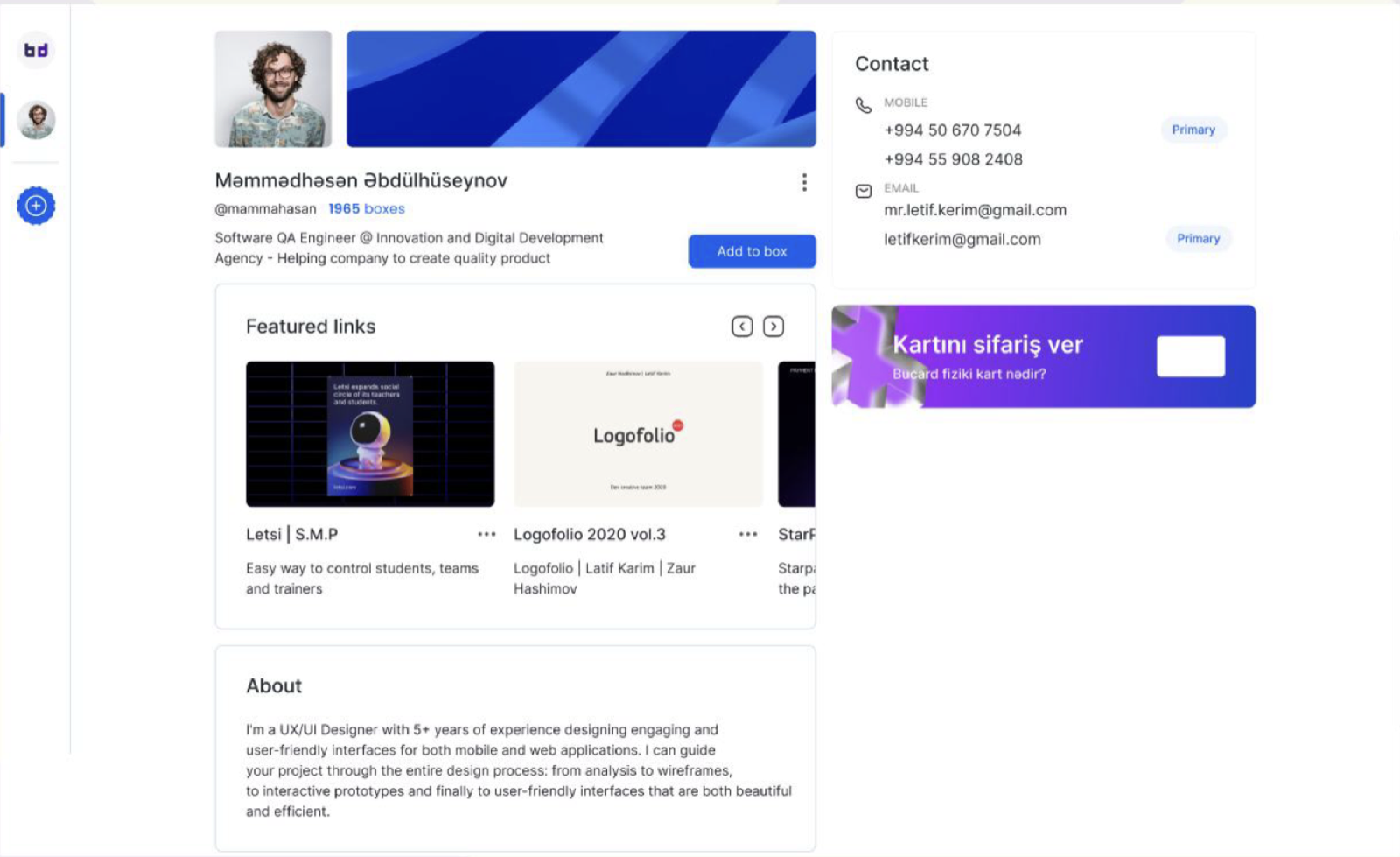 BuCard public profile with contact details, featured links, about text and a card order banner