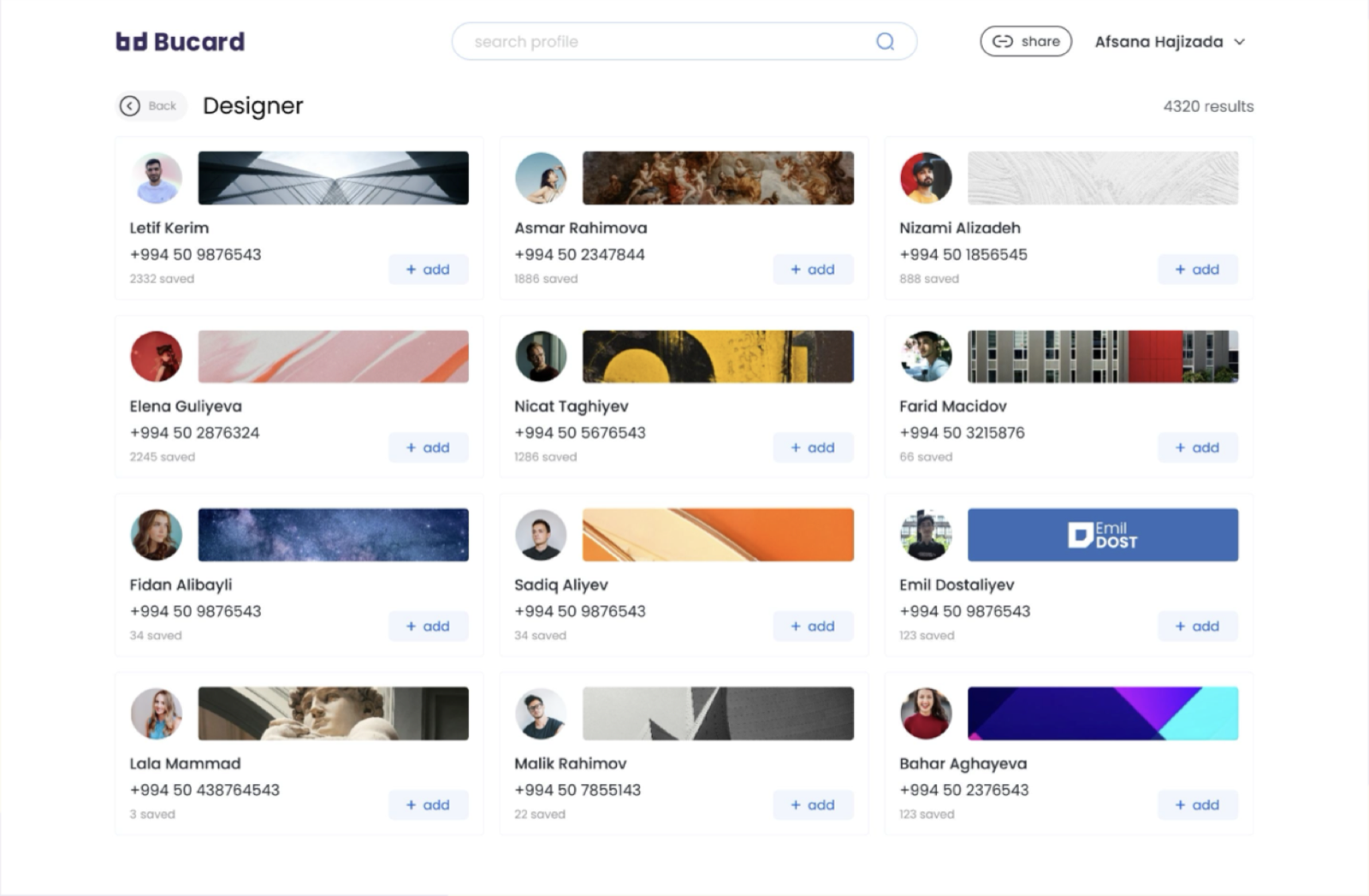 BuCard search results for Designer showing profile cards with an add button