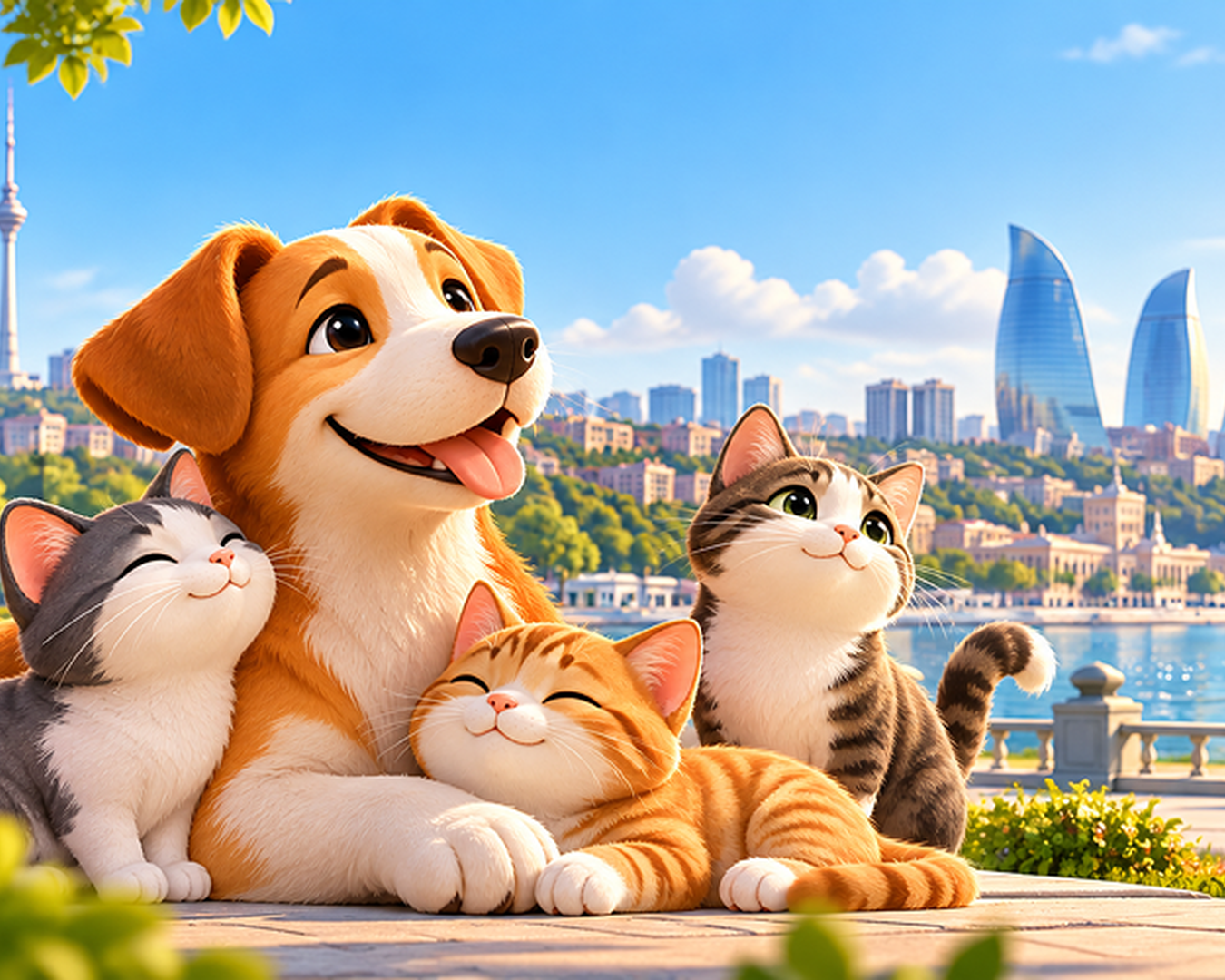 Qoru illustration: a dog and three cats on the Baku seafront