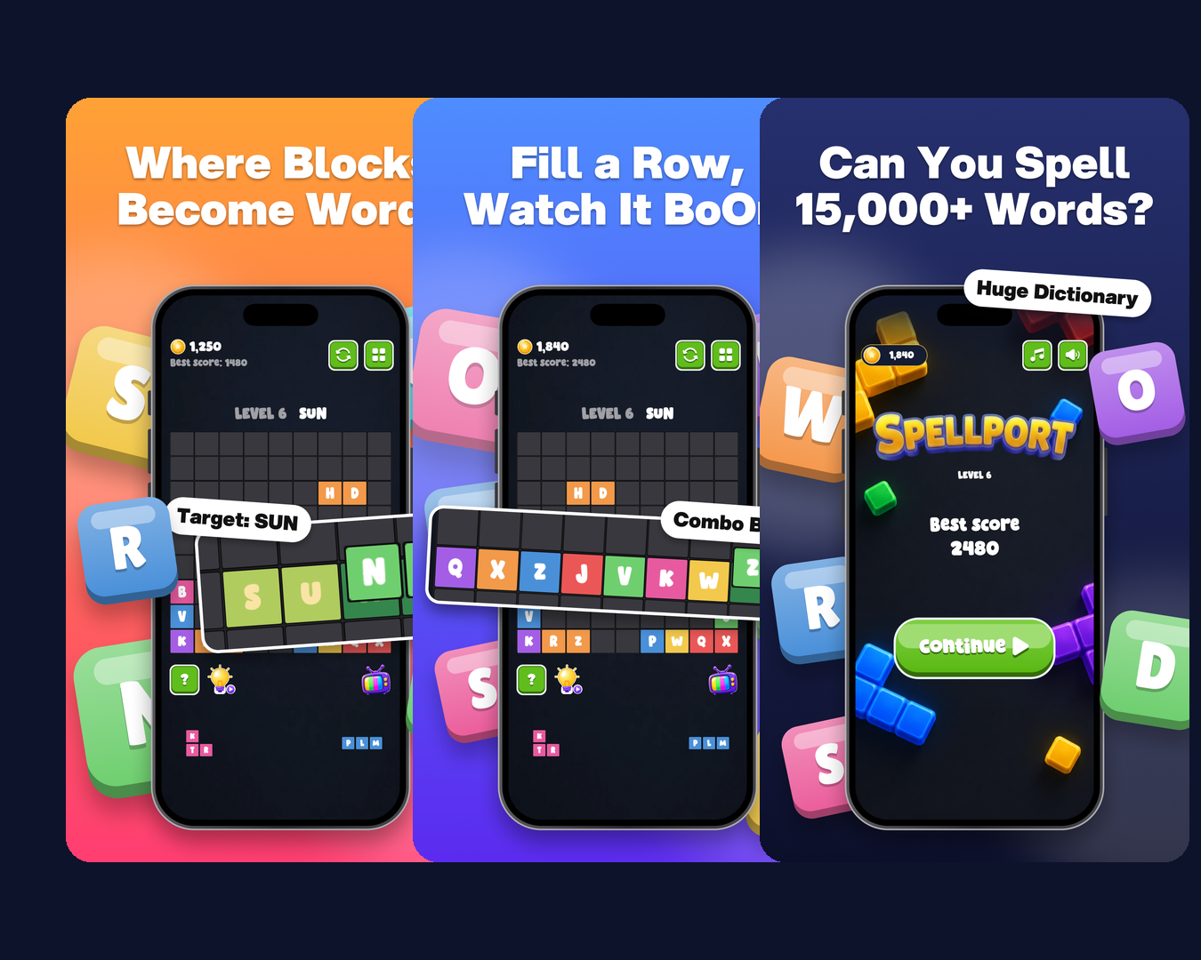 Spellport store screens: where blocks become words, fill a row, 15,000+ word dictionary
