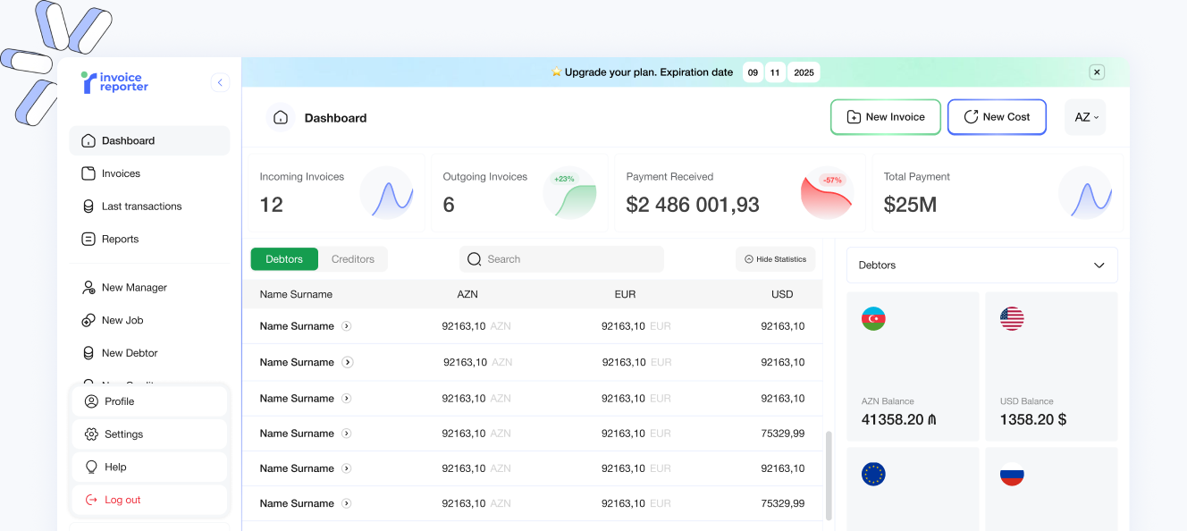 Invoice Reporter dashboard with KPI cards, debtors and creditors table in AZN, EUR and USD, and currency balances