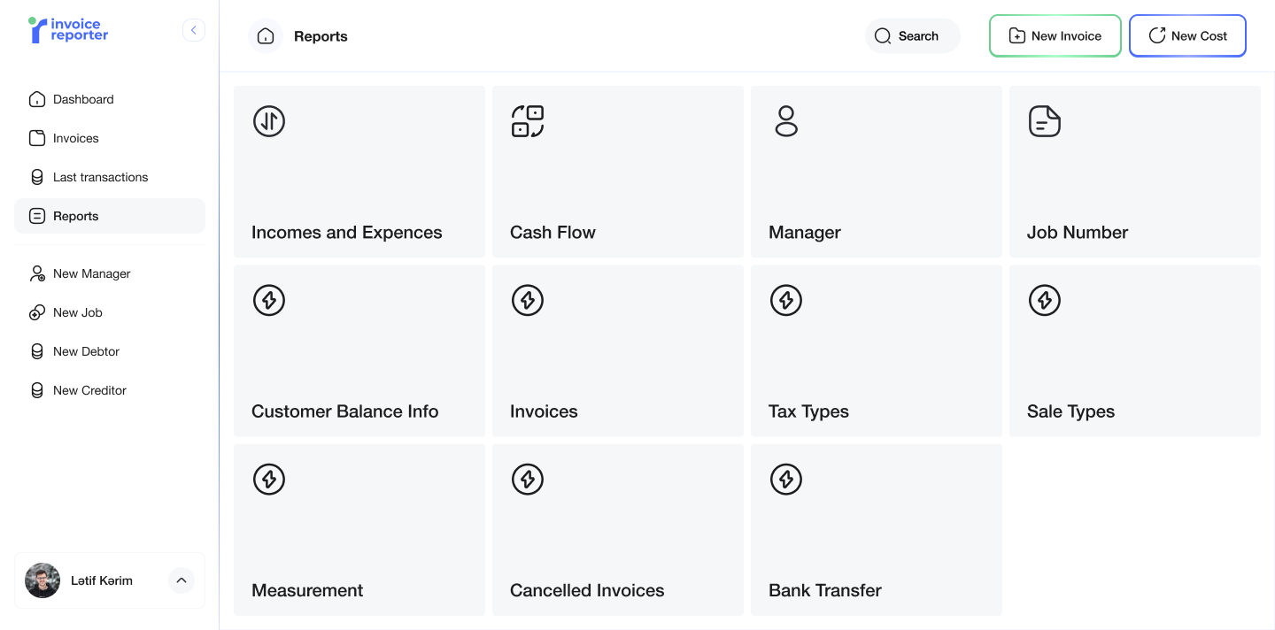 Invoice Reporter reports hub with eleven report tiles