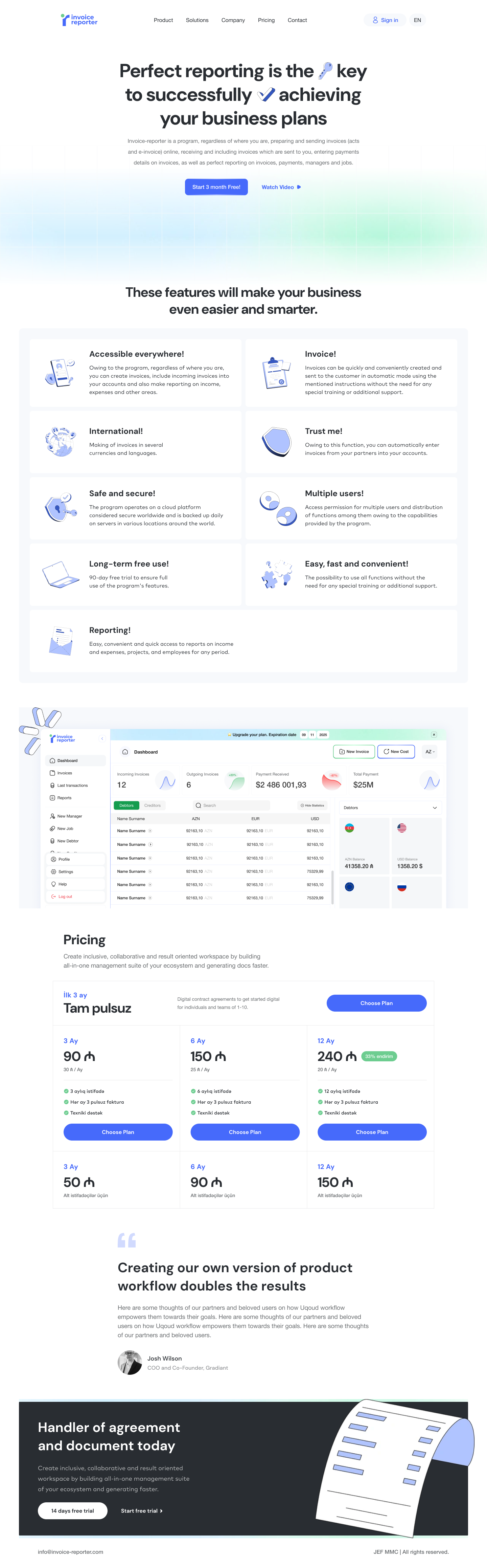 Second landing page with the product headline, nine real features, dashboard preview and manat pricing