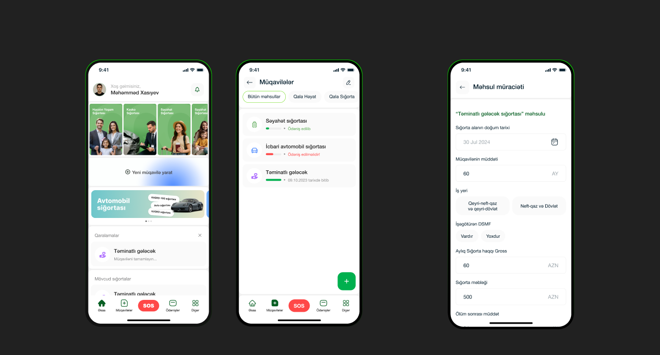 Three QALA mobile screens: home, contracts list with payment statuses, and a life product application form