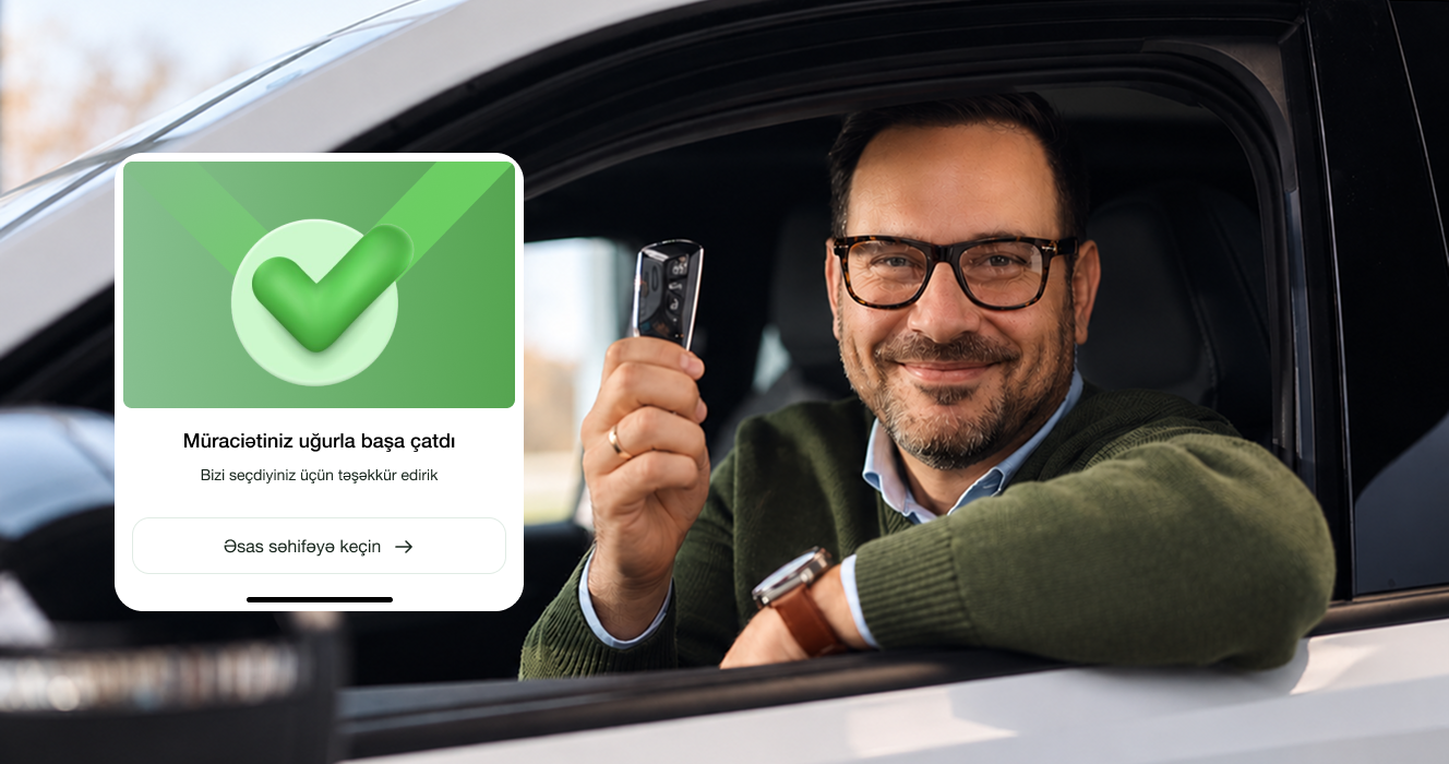 Application success screen next to a smiling driver holding a car key