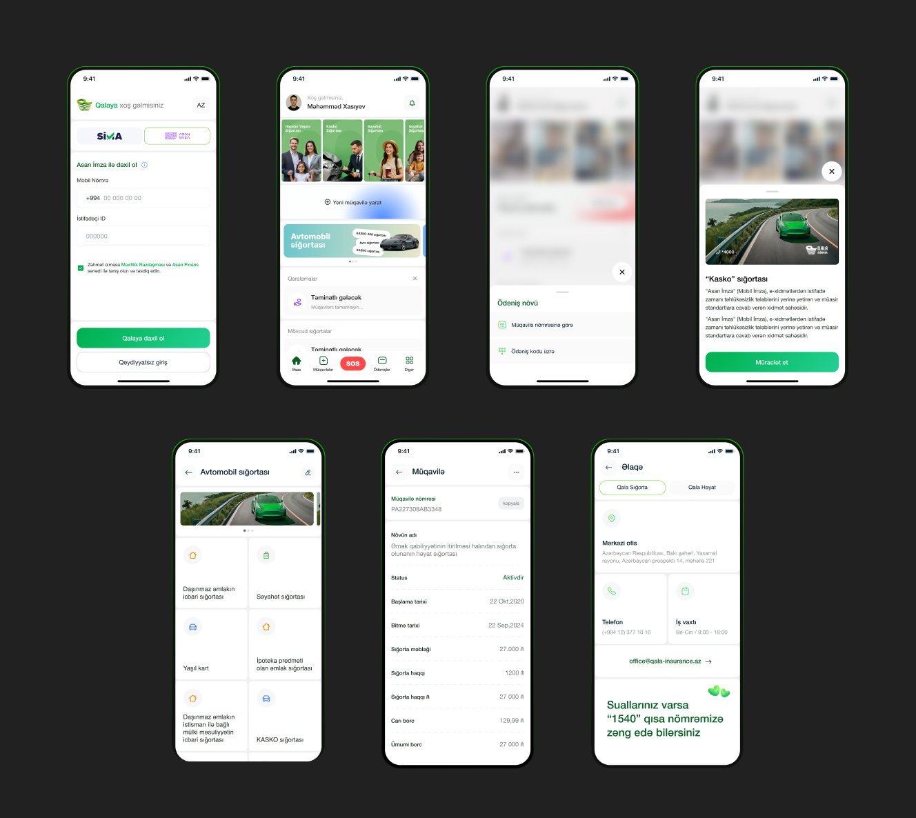 Seven QALA mobile screens: SİMA and Asan İmza sign-in, home, payment type sheet, KASKO product page, product category grid, contract detail, and contact page
